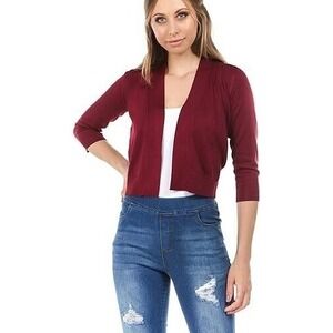 Cielo Women's Soft Solid Open Front 3/4 Sleeve Sweater Burgundy Cardigan L